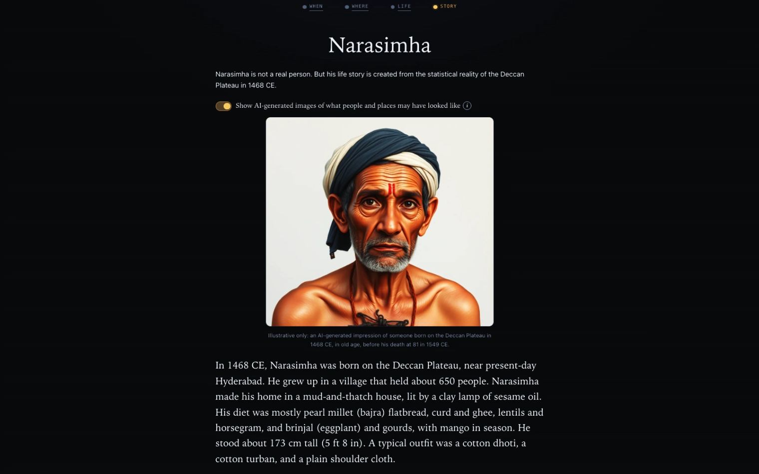 Any Human Ever interactive history generator showing a randomly drawn historical life