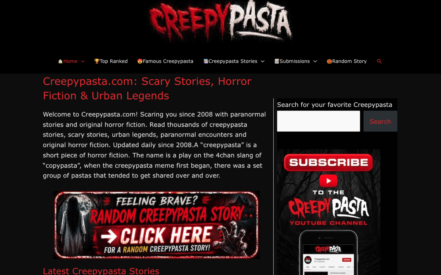 Creepypasta.com homepage showing its collection of scary stories and horror fiction