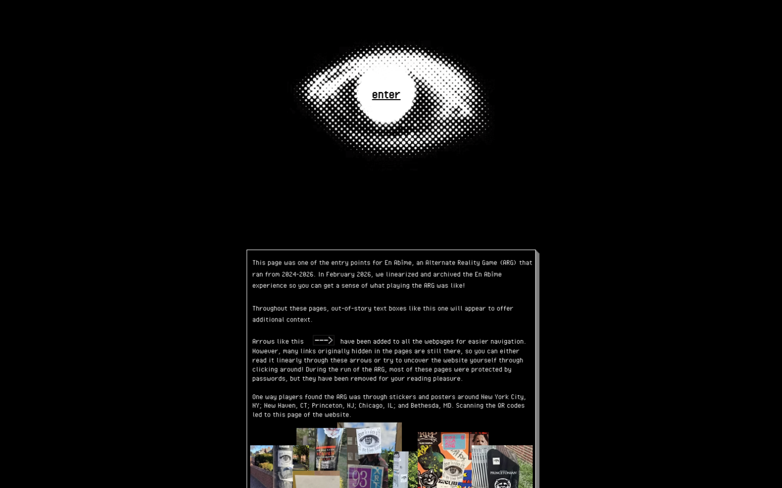 HEAVEN | En Abime homepage showing the eye-shaped enter screen and archived ARG context