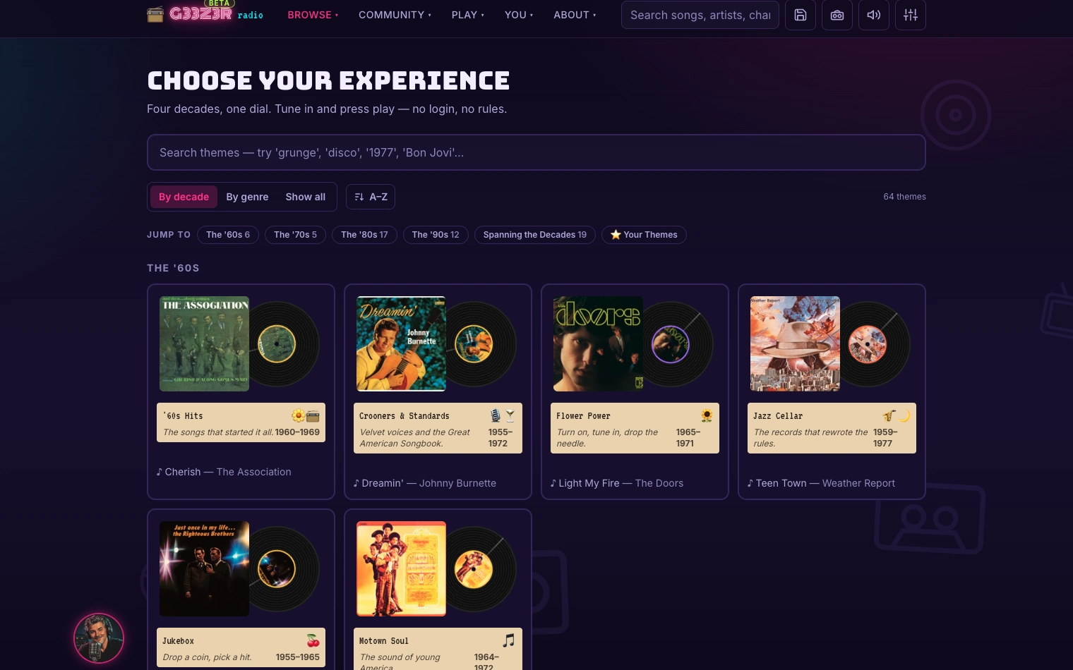 G33Z3R Radio music theme browser with retro record artwork and decade-based collections