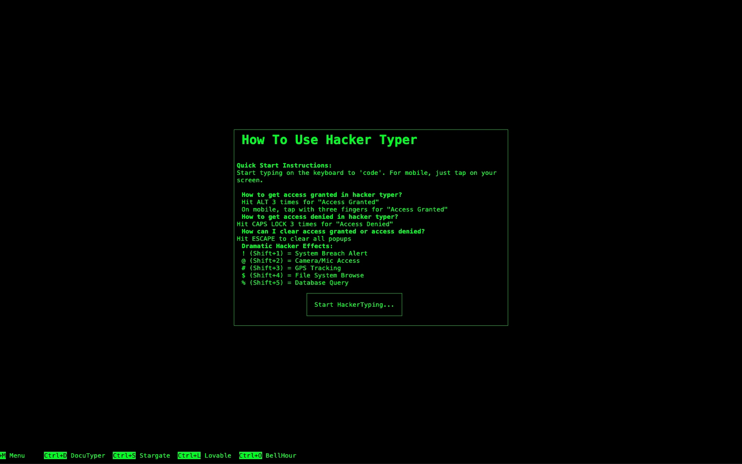 Hacker Typer fake coding simulator showing a terminal-style screen filled with code