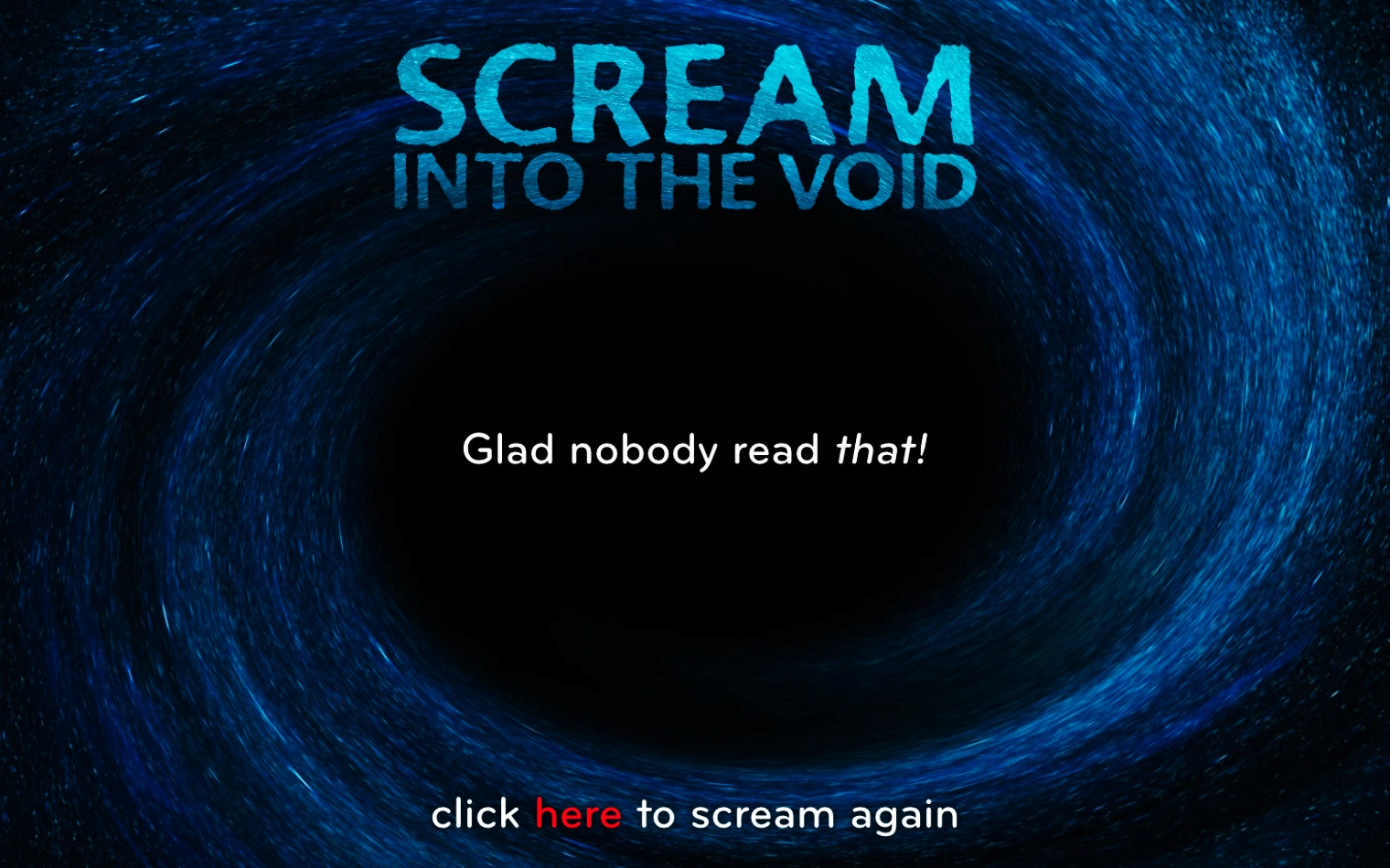 Scream Into the Void interactive website with a text box and swirling digital vortex