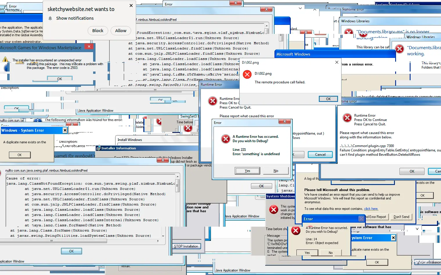 Sketchy Website browser prank filled with fake Windows errors
