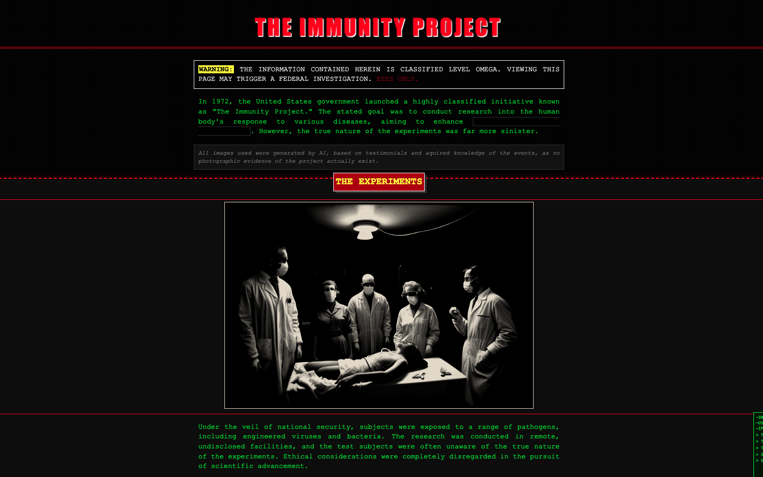 The Immunity Project homepage showing its classified government experiment dossier